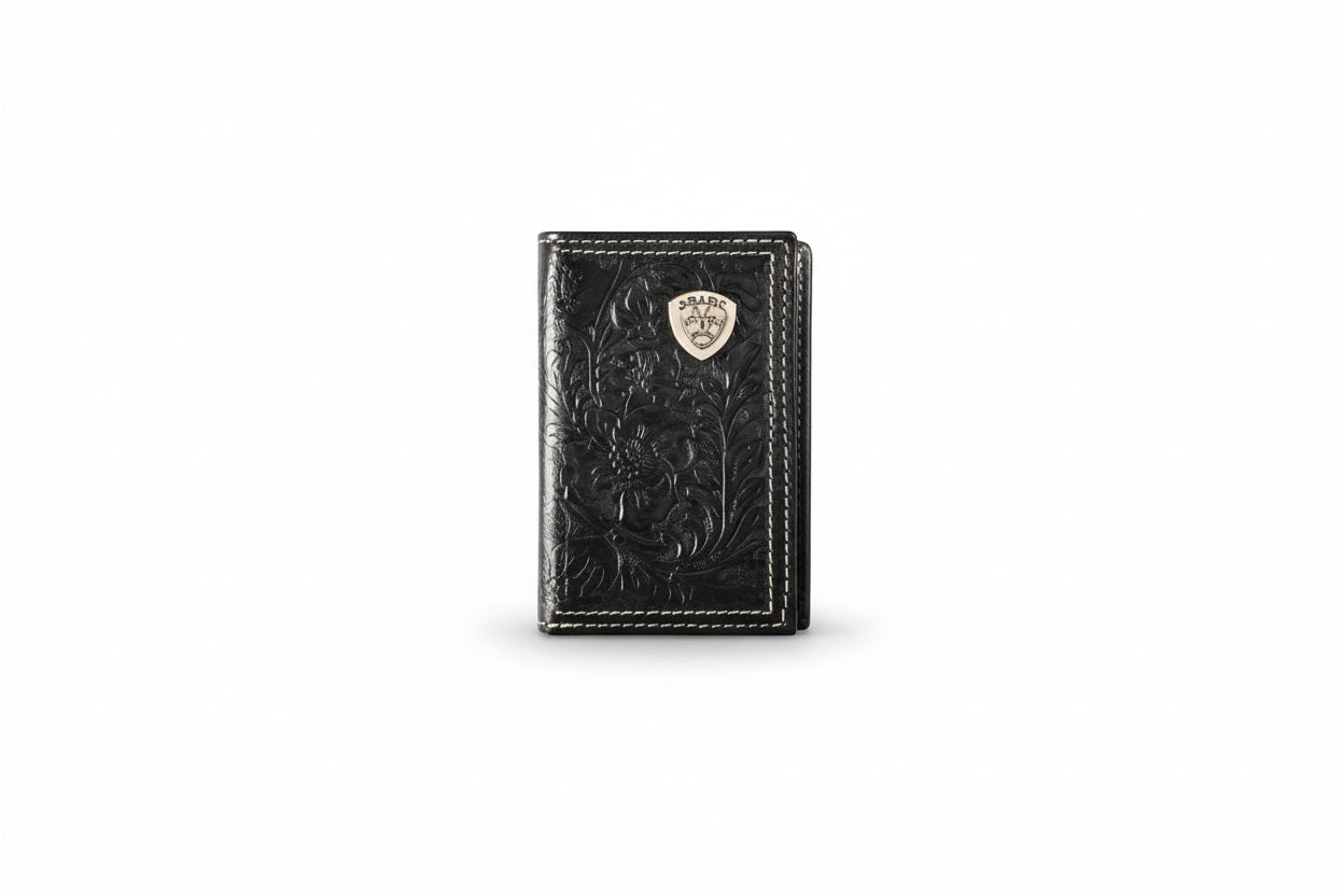 Ariat Mens Trifold Style Wallet Floral Embossed Shield Black
