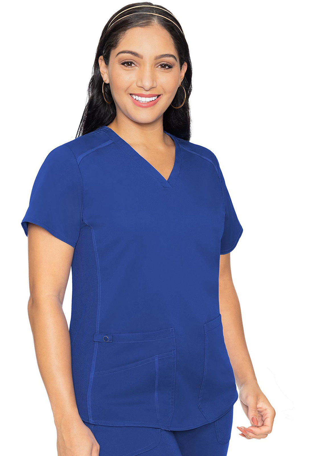 Med Couture Touch Women's 3-Pocket STRETCH Rib-Knit Side Panels Shirttail V- Neck Scrub Top