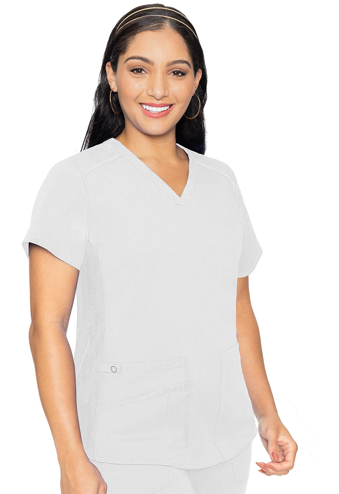 Med Couture Touch Women's 3-Pocket STRETCH Rib-Knit Side Panels Shirttail V- Neck Scrub Top