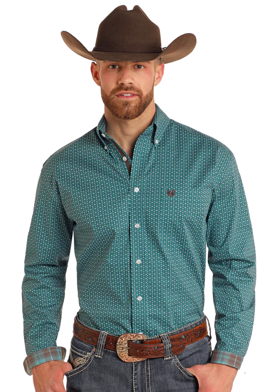 Panhandle Turquoise Geo Print Long Sleeve Button Down Shirt- Big & Tall