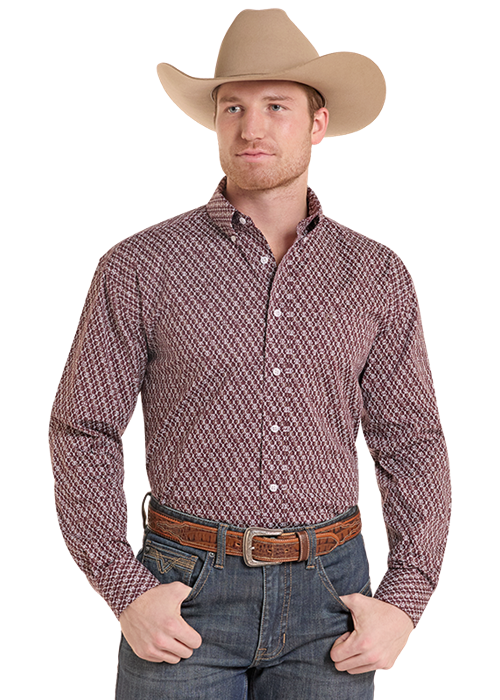 Panhandle Distressed Geometric Print LS Button Down Shirt