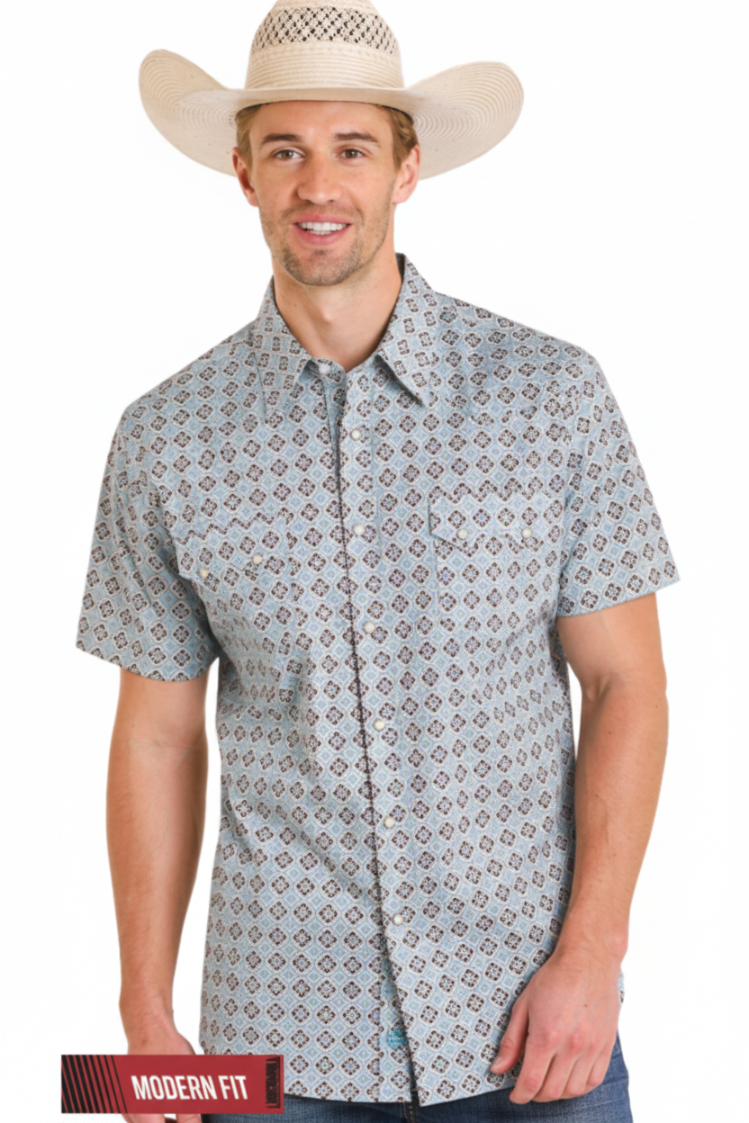 Rock&Roll Men's Medallion Printed Snap Short Sleeve Shirt