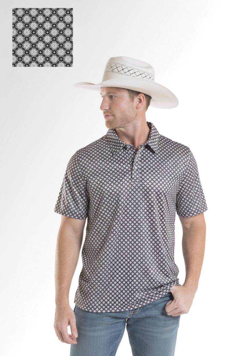 Men's Rock&Roll Medallion Printed SS Snap Polo