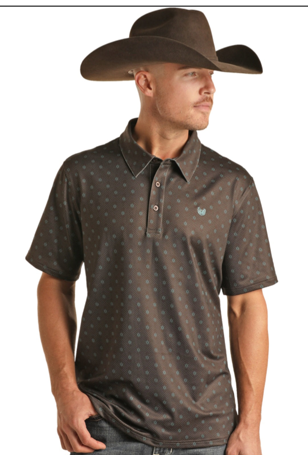 PANHANDLE SS GEO BUTTON POLO - DARK BROWN