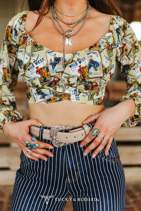 Lucky & Blessed: Collage Printed Low Cut Long Sleeve Gathered Wrap Off Shoulder Crop Top