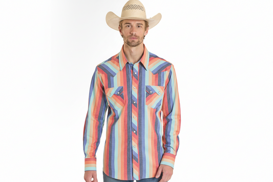 Rock & Roll Men's Retro Stripe Printed Twill LS Snap Shirt