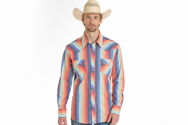 Rock & Roll Men's Retro Stripe Printed Twill LS Snap Shirt