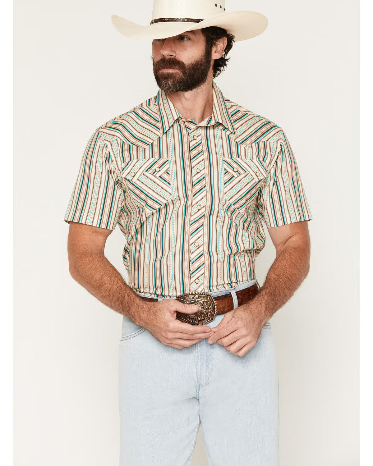 Rock & Roll Denim Men's Striped Short Sleeve Snap Stretch Western Shirt