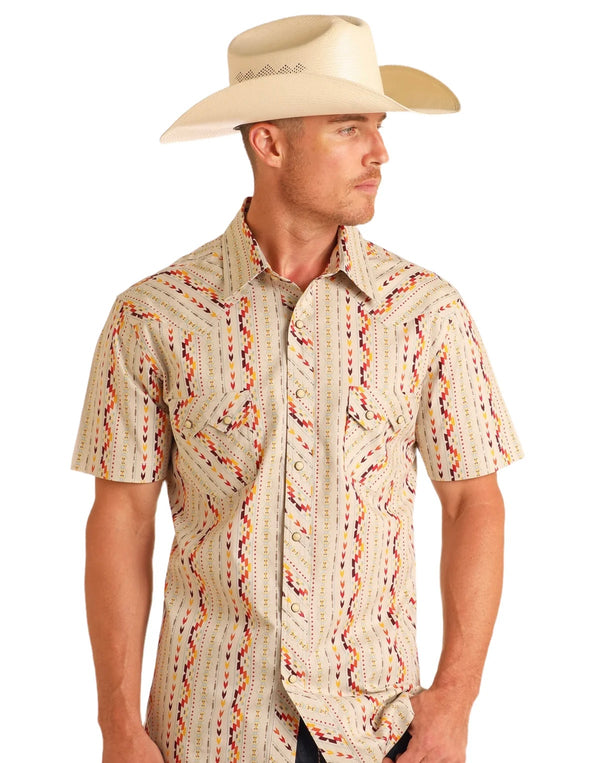 Rock&Roll Aztec Stripe Print SS Button - Natural