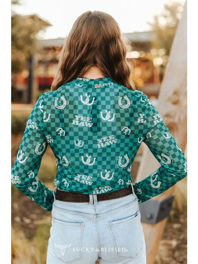 Lucky & Blessed: Teal Checkered Horse Shoe Printed Long Sleeve Mesh Top