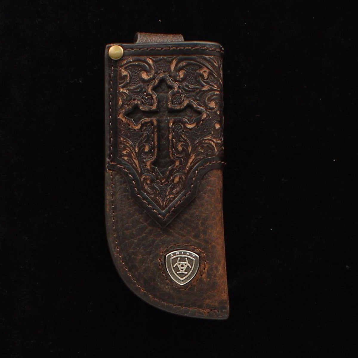 Funda para cuchillo Ariat, marrón con cruz.