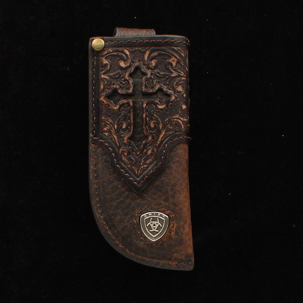 Funda para cuchillo Ariat, marrón con cruz.