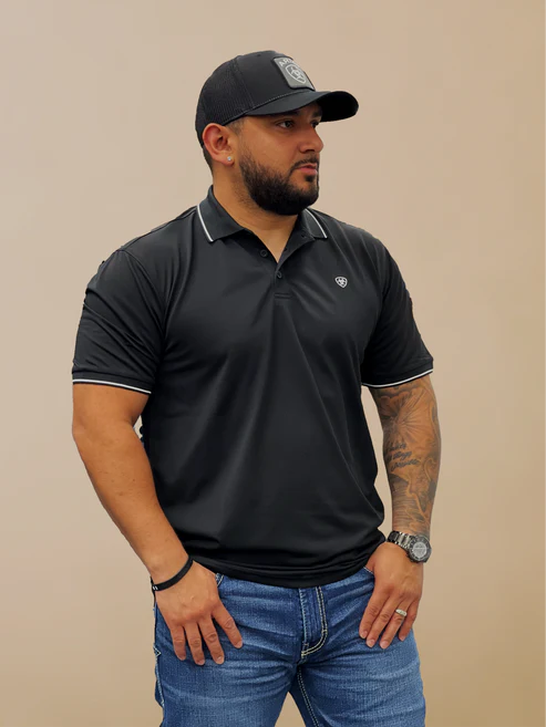 Men’s Ariat Tek APS Logo SMU SS Black/White Polo