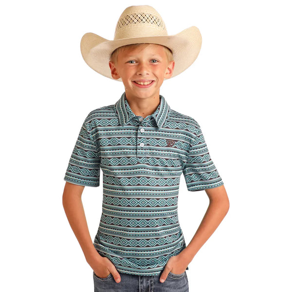 ROCK&ROLL AZTEC PRINTED YOUTH POLO - TEAL