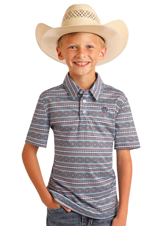 ROCK & ROLL AZTEC PRINTED YOUTH POLO - BLUE