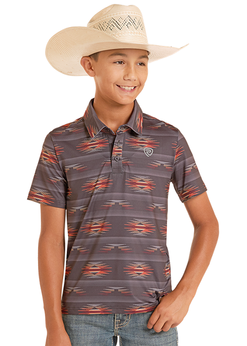ROCK & ROLL CHARCOAL AZTEC PRINTED POLO