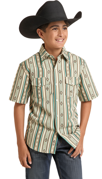 Youth Rock&Roll Stripe Print Short Sleeve Snap Shirt