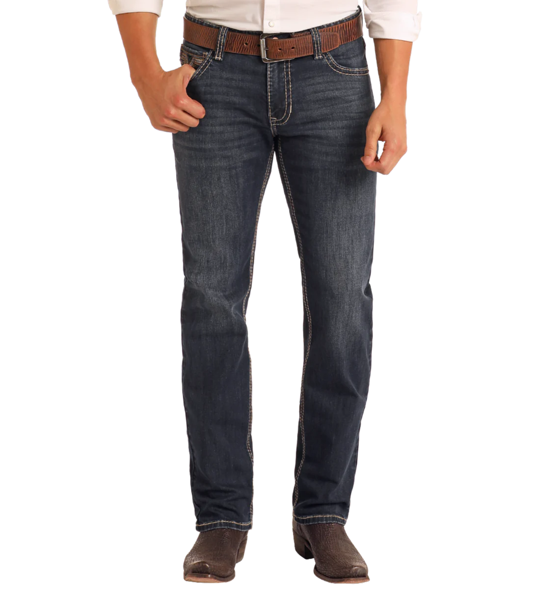 Rock&Roll Slim Fit Dark Wash Two-Tone Stitch Straight Leg Jeans