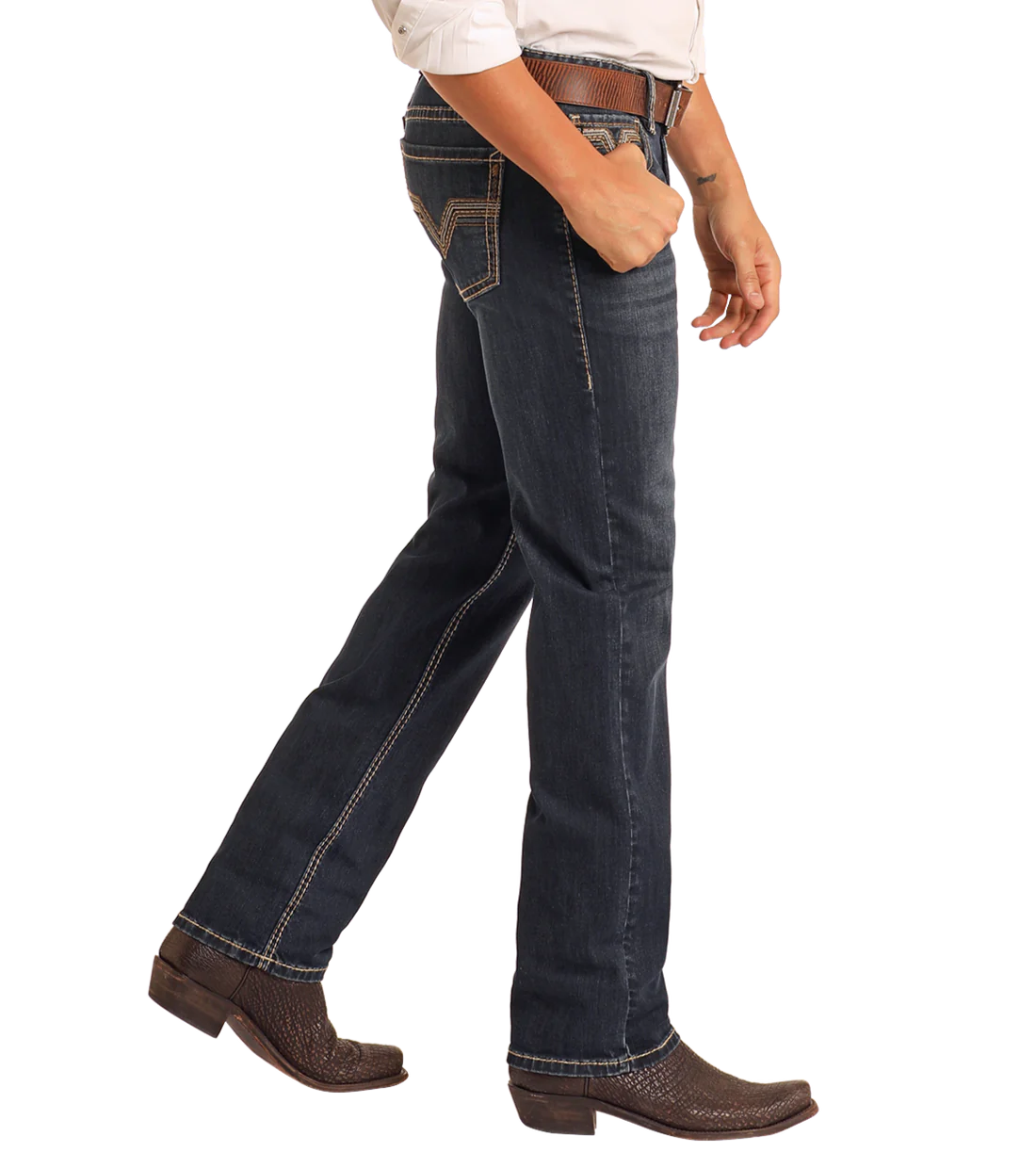 Rock&Roll Slim Fit Dark Wash Two-Tone Stitch Straight Leg Jeans