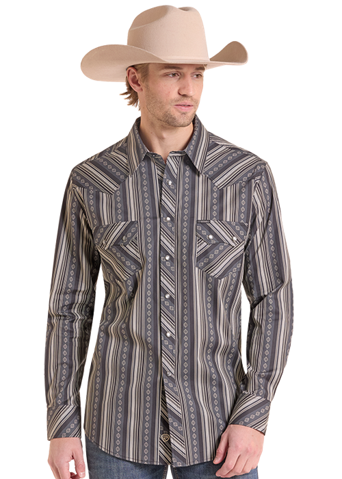 Rock & Roll Medallion Stripe Digital Print LS Snap Shirt