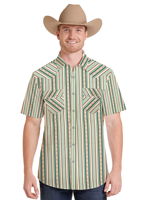 Rock & Roll Denim Men's Striped Short Sleeve Snap Stretch Western Shirt