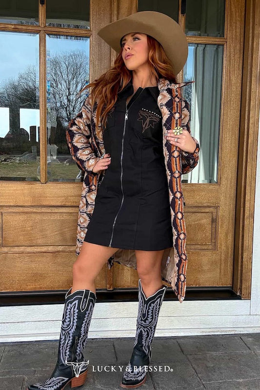 Women's Lucky & Blessed Black Boot Stitch Vintage Studded Sleeveless Dress