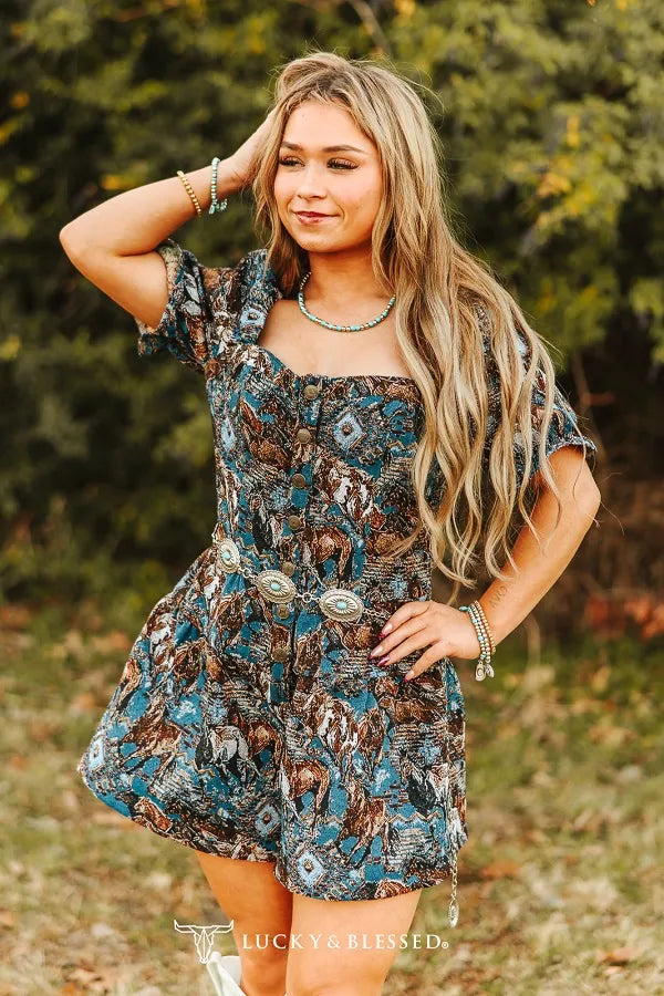 Blue Horse Jacquard Puff Sleeves Romper