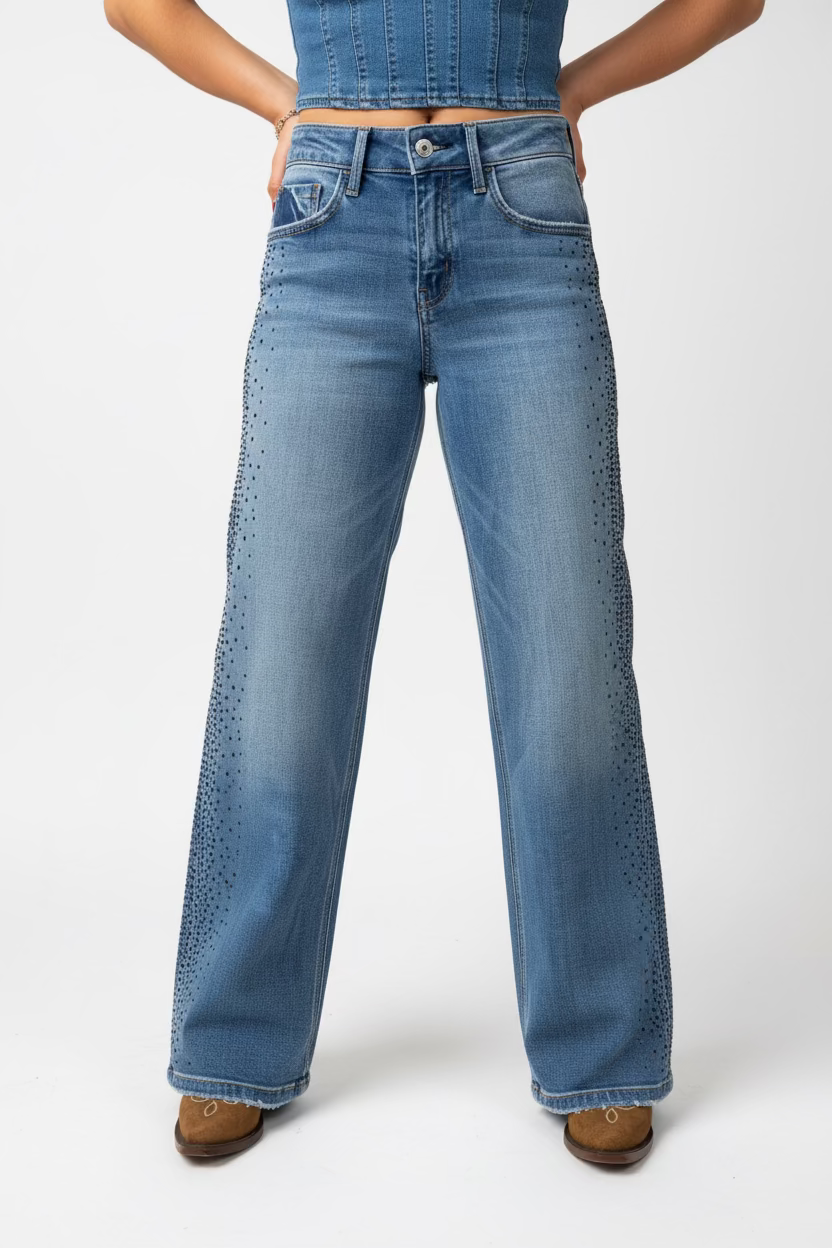 Vervet Olivia Mid Rise Rhinestone Wide Leg Jeans