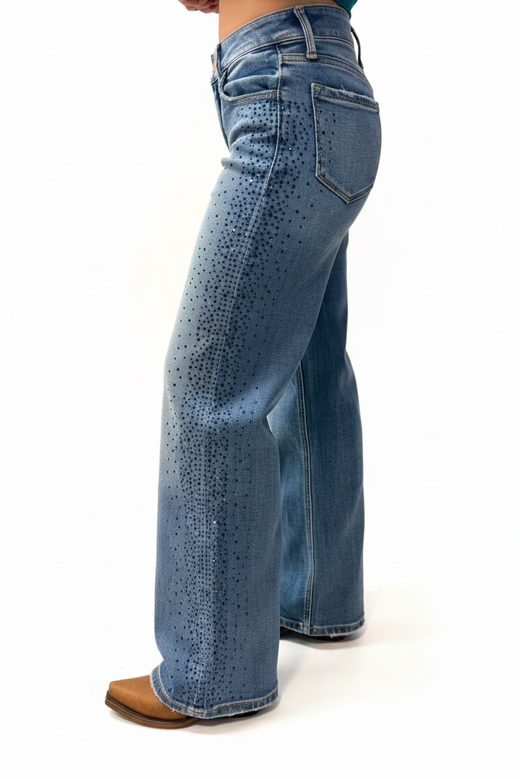 Vervet Olivia Mid Rise Rhinestone Wide Leg Jeans