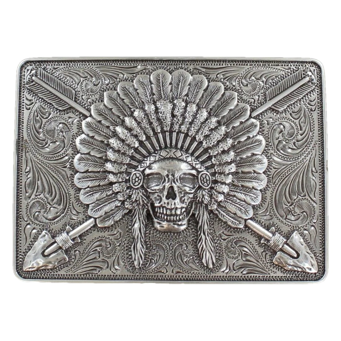 Ariat Indian Chief Skull Rectangle Silver Belt Buckle