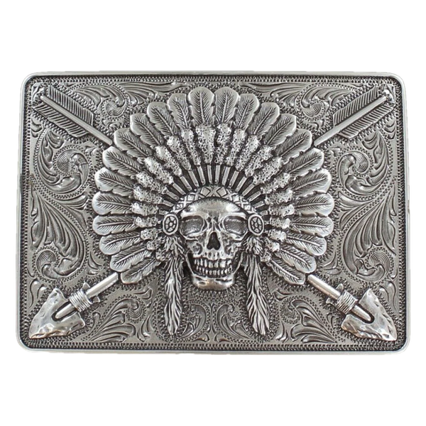 Ariat Indian Chief Skull Rectangle Silver Belt Buckle