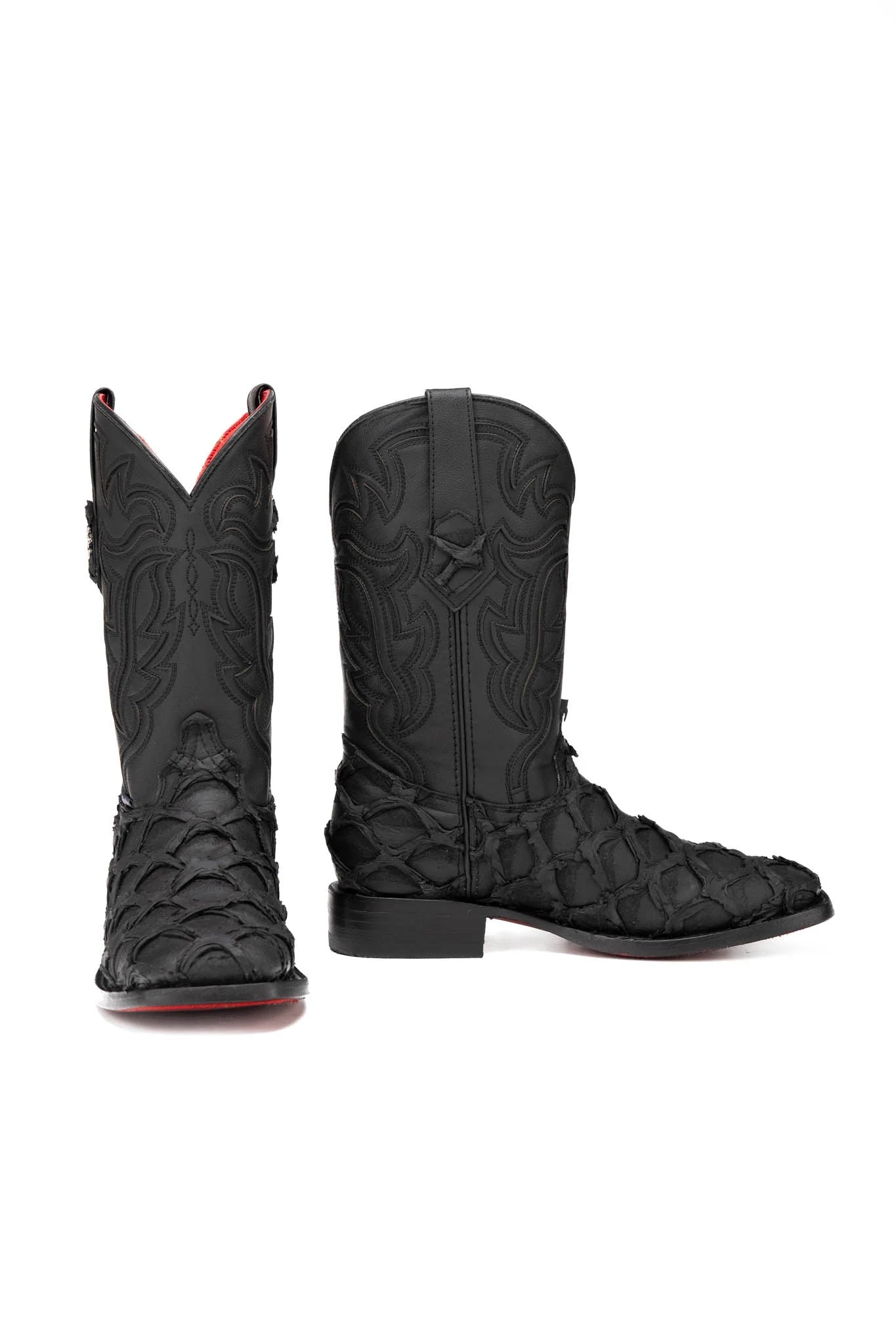 Rock’em Pirarucu Matte Black Red Bottom Square Toe Cowboy Boot