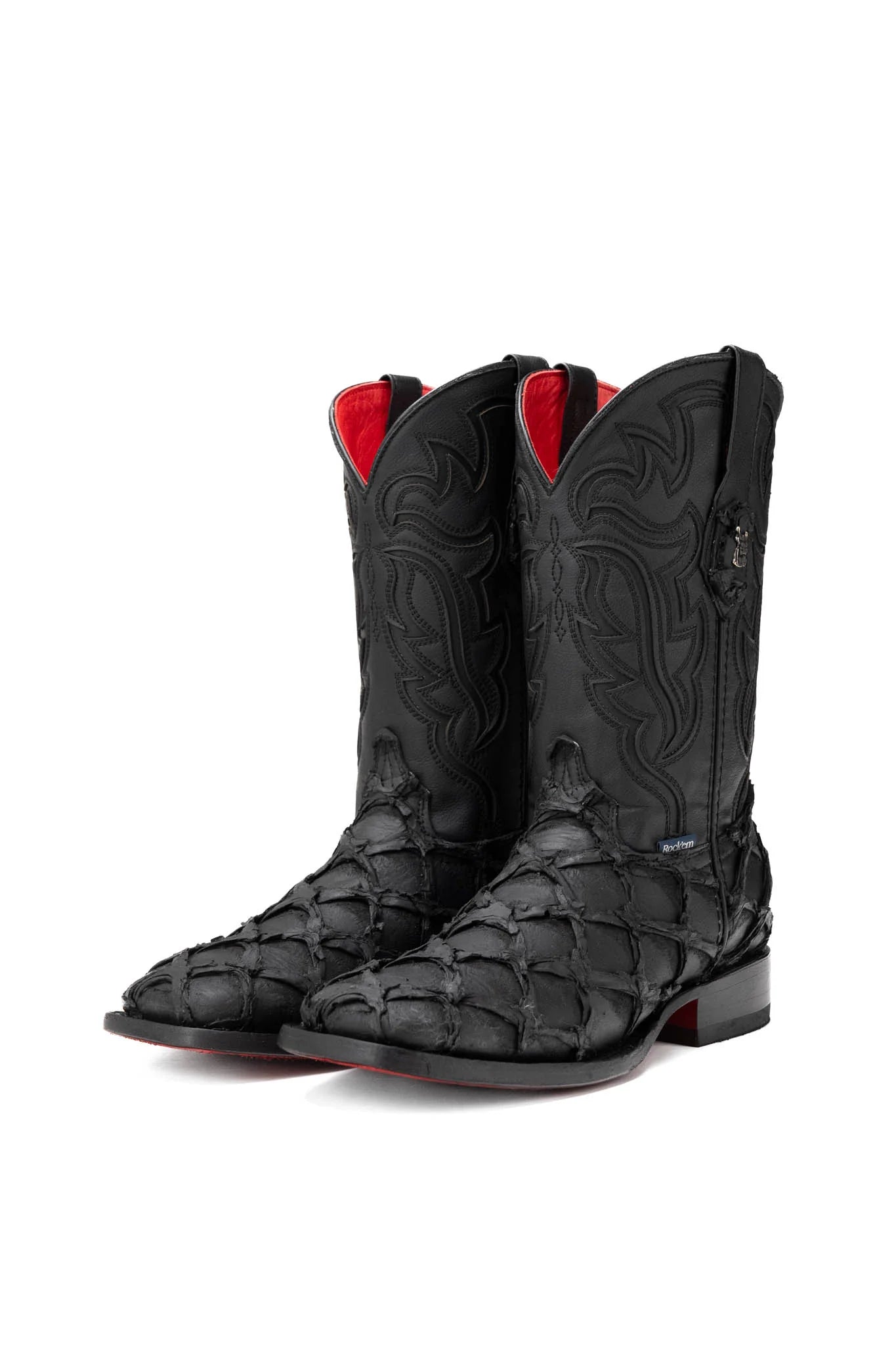 Rock’em Pirarucu Matte Black Red Bottom Square Toe Cowboy Boot