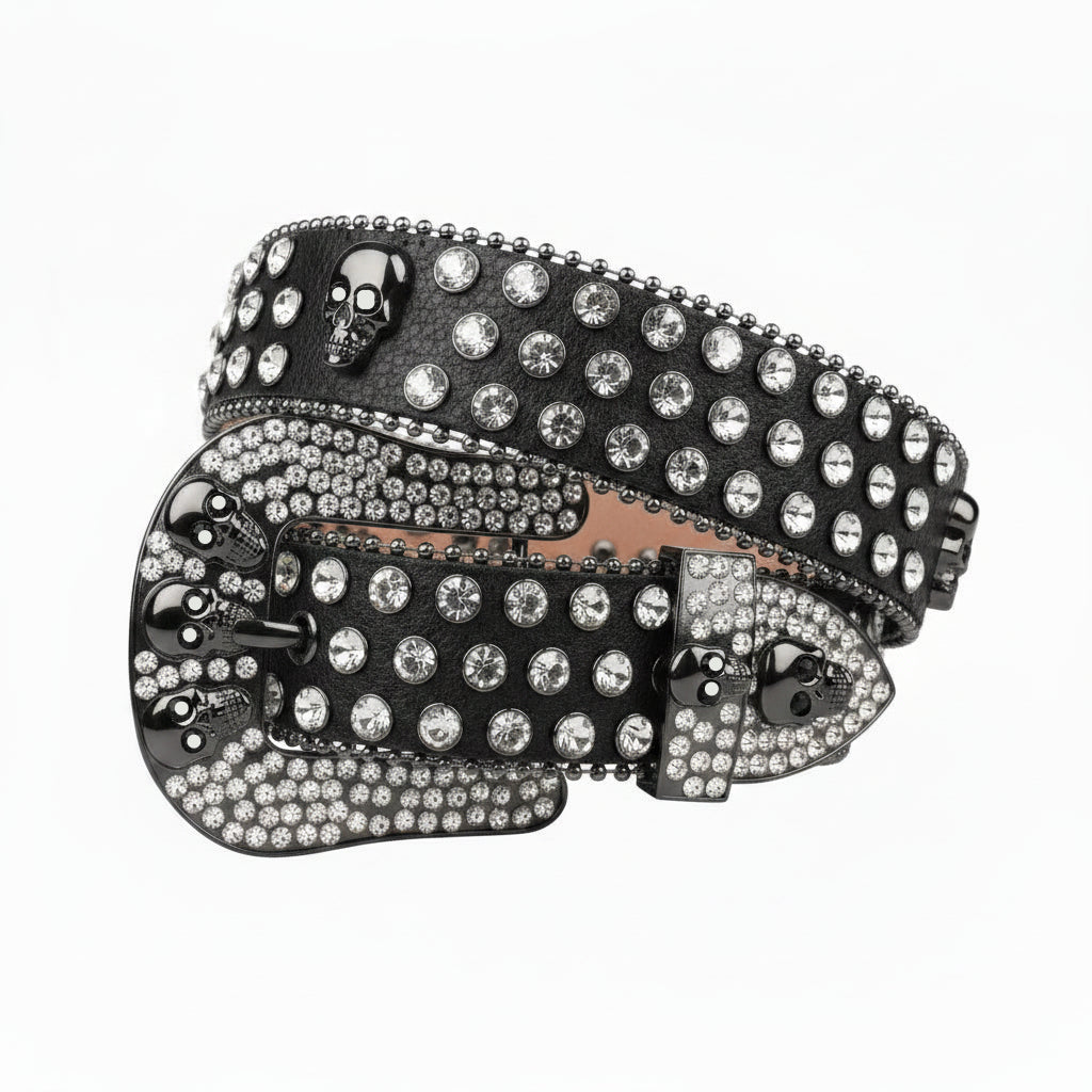 Red Strap With 7 Skulls Red & Black Studded Rhinestone Belt