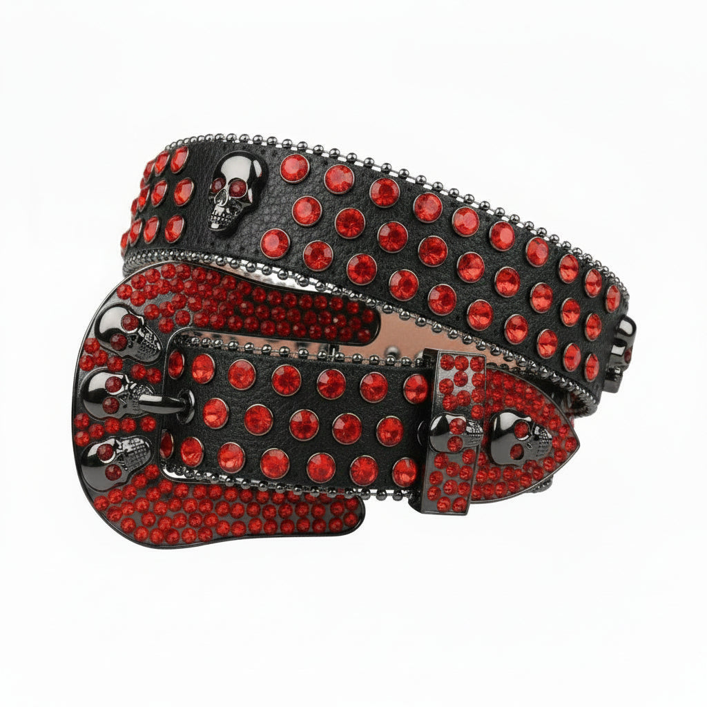 Red Strap With 7 Skulls Red & Black Studded Rhinestone Belt