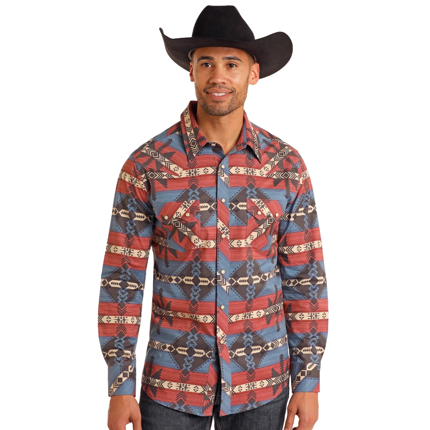 Rock&Roll Southwestern Printed LS Snap - Blue