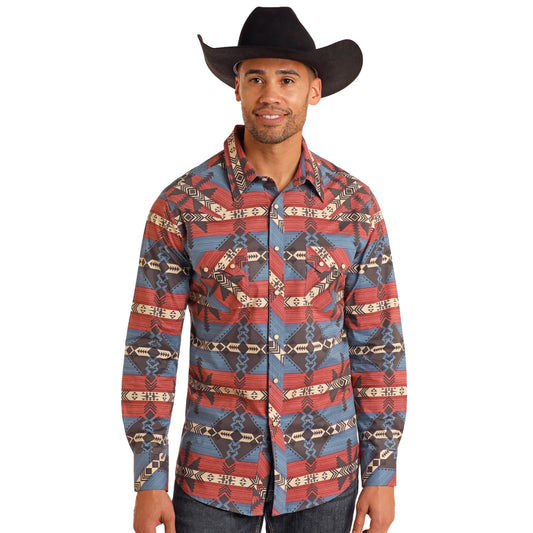 Rock&Roll Southwestern Printed LS Snap - Blue