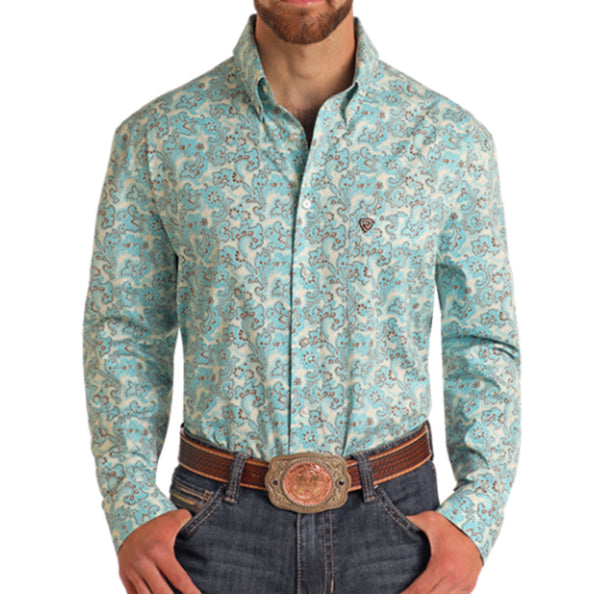 Rock&Roll Paisley Print LS BD - Bright Turquoise