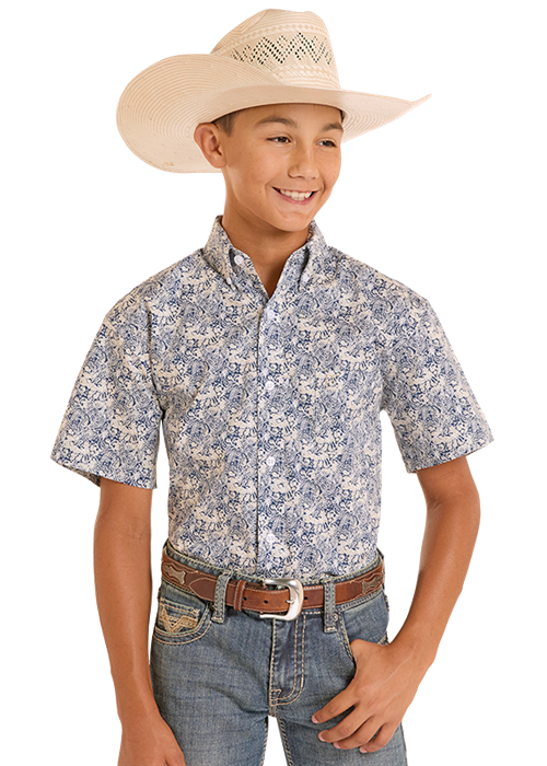 Boy's Panhandle Short Sleeve Blue Paisley Print Button Up Shirt