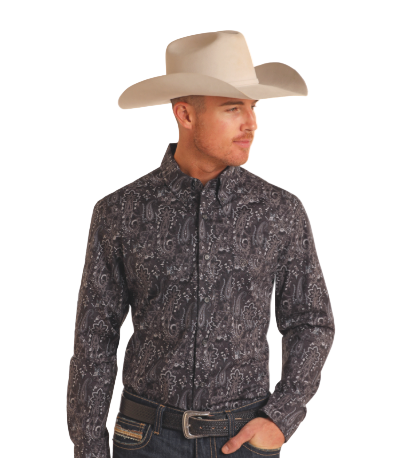 Rock&Roll Paisley Printed  LS BD - Black