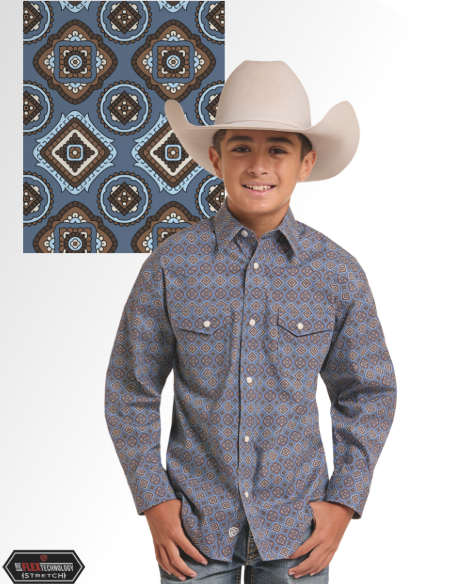 Youth Rock&Roll Medallion Print LS Snap Shirt