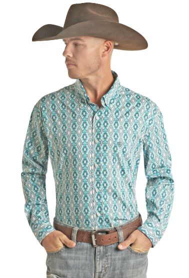 Rock&Roll Aztec Woven Turquoise Long Sleeve Shirt