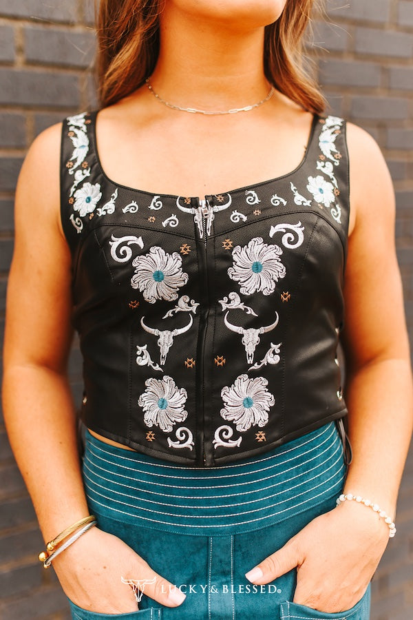 Lucky & Blessed: Black Metal Floral Embroidered Corset Top