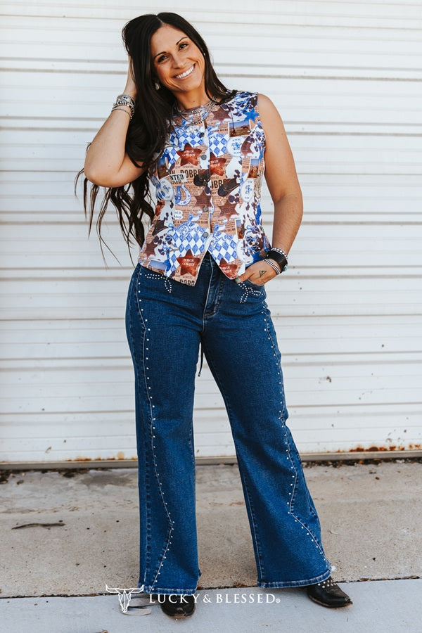 Lucky & Blessed: Collage Western Printed Button Down Vest Tie Back