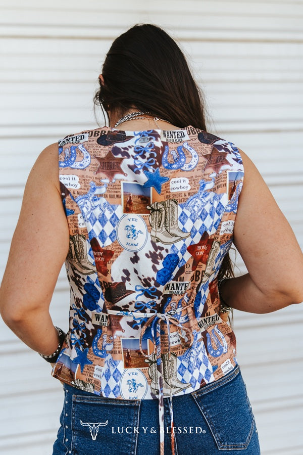 Lucky & Blessed: Collage Western Printed Button Down Vest Tie Back