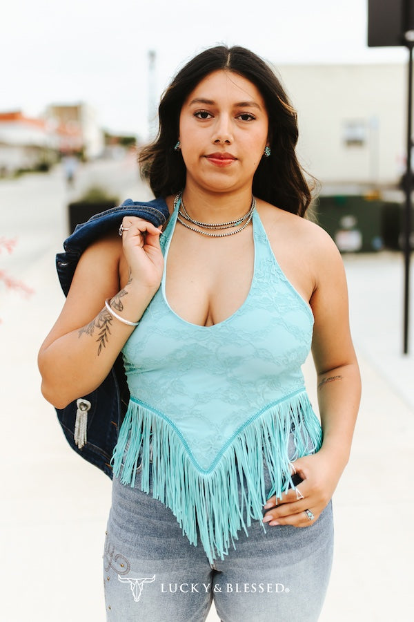 Lucky & Blessed: Mint Lace Fringe Hem Halter Top