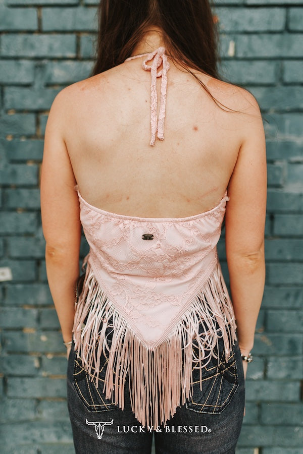 Lucky & Blessed: Soft Pink Lace Fringe Hem Halter Top