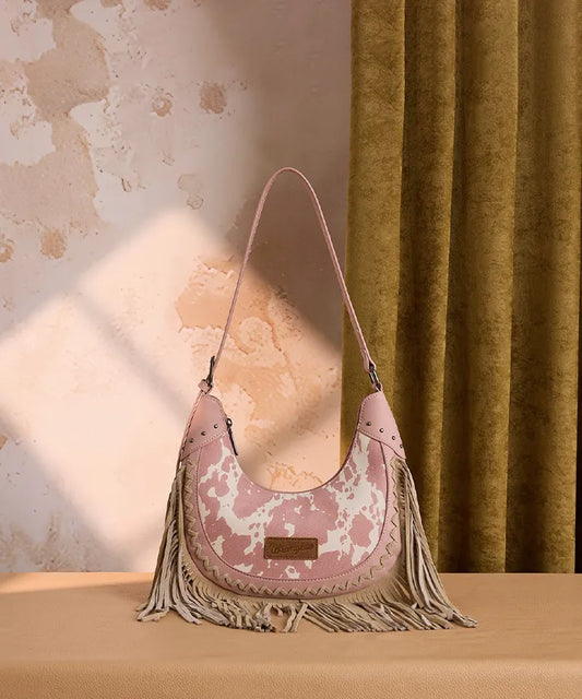 Wrangler Cow-Print Fringe Hobo Bag