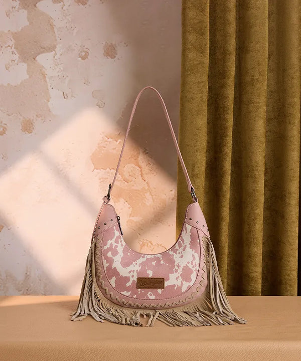 Wrangler Cow-Print Fringe Hobo Bag