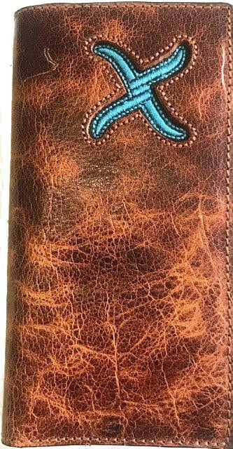Twisted X Distressed Leather Wallet with Turquoise X
